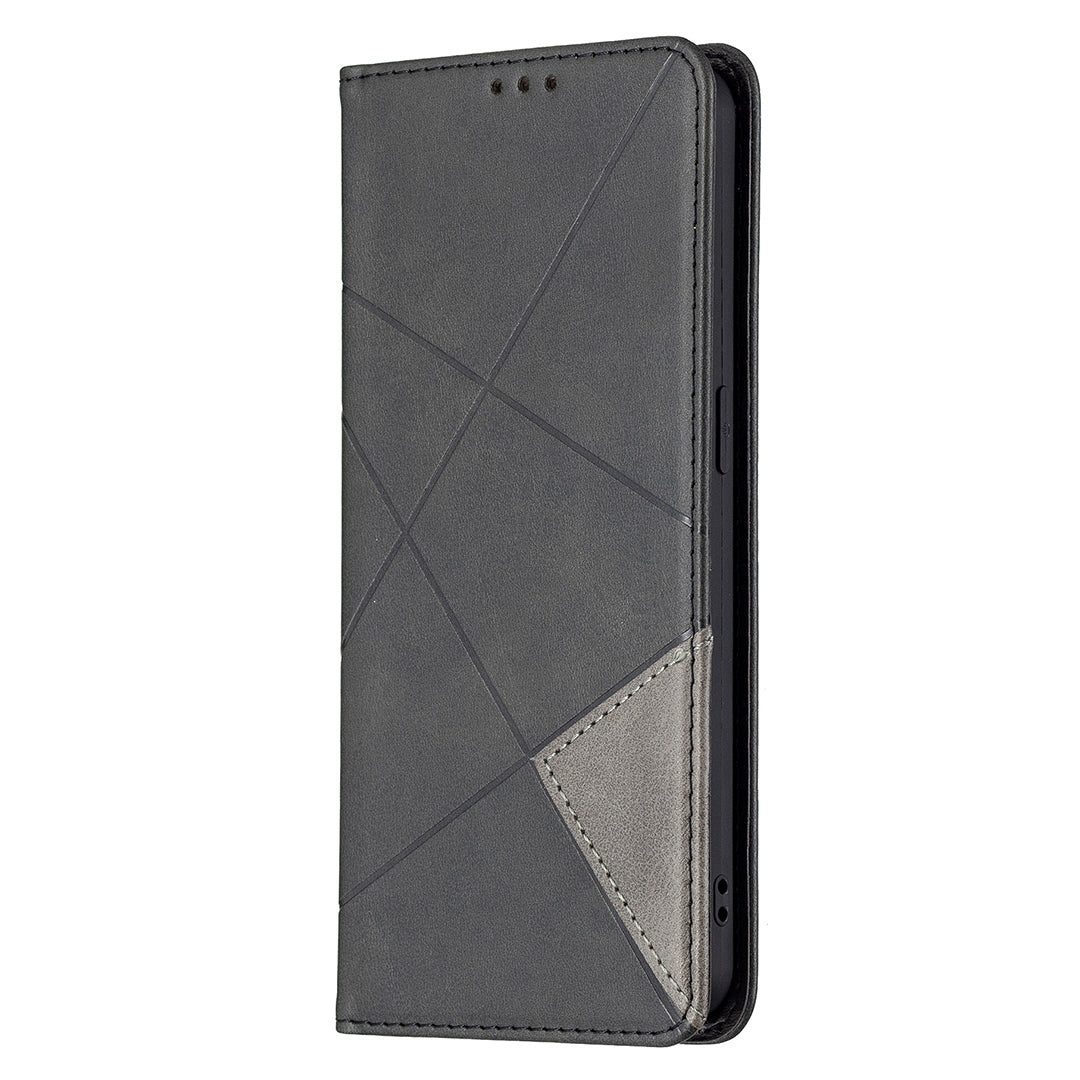 For Oppo Reno6 5G Rhombus-Like Imprinting Folio Flip Magnetic Leather Case Shell with Stand and Card Holder