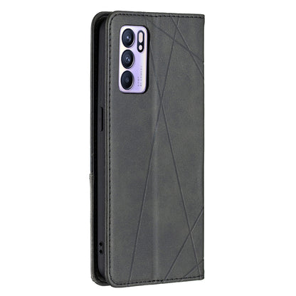 For Oppo Reno6 5G Rhombus-Like Imprinting Folio Flip Magnetic Leather Case Shell with Stand and Card Holder