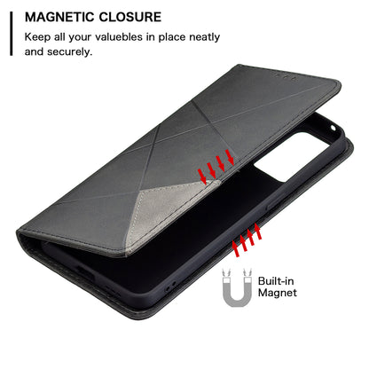 For Oppo Reno6 5G Rhombus-Like Imprinting Folio Flip Magnetic Leather Case Shell with Stand and Card Holder