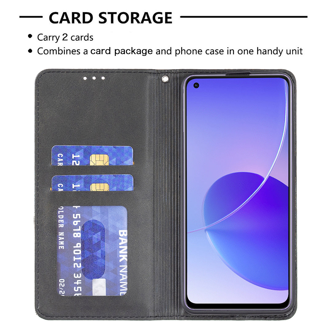 For Oppo Reno6 5G Rhombus-Like Imprinting Folio Flip Magnetic Leather Case Shell with Stand and Card Holder