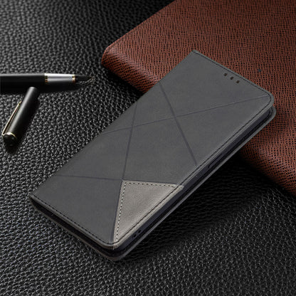 For Oppo Reno6 5G Rhombus-Like Imprinting Folio Flip Magnetic Leather Case Shell with Stand and Card Holder