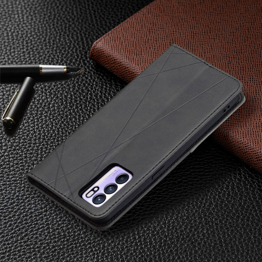 For Oppo Reno6 5G Rhombus-Like Imprinting Folio Flip Magnetic Leather Case Shell with Stand and Card Holder