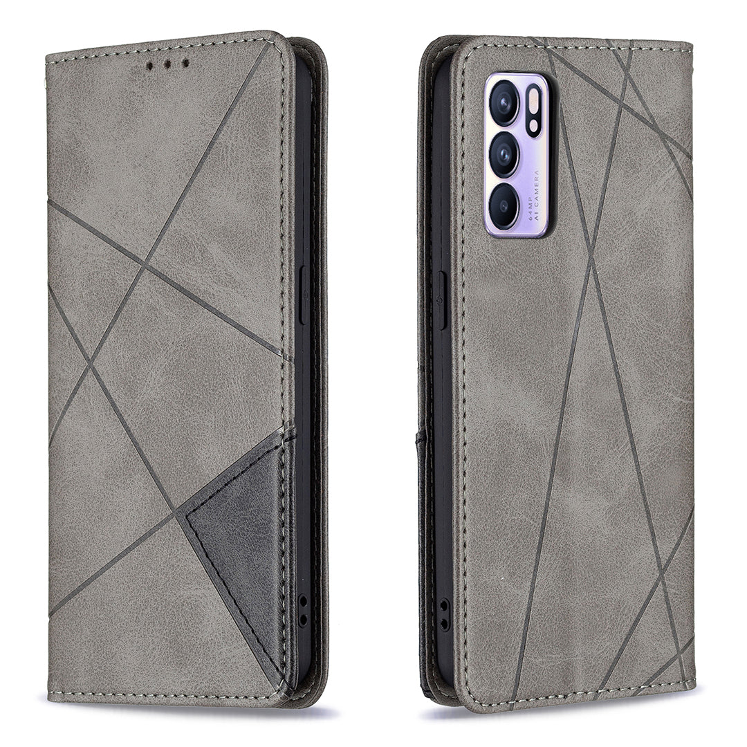 For Oppo Reno6 5G Rhombus-Like Imprinting Folio Flip Magnetic Leather Case Shell with Stand and Card Holder