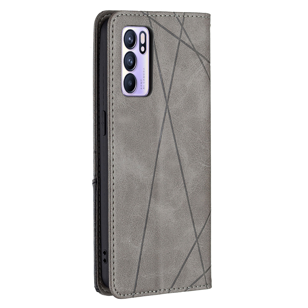 For Oppo Reno6 5G Rhombus-Like Imprinting Folio Flip Magnetic Leather Case Shell with Stand and Card Holder