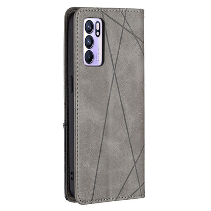 For Oppo Reno6 5G Rhombus-Like Imprinting Folio Flip Magnetic Leather Case Shell with Stand and Card Holder