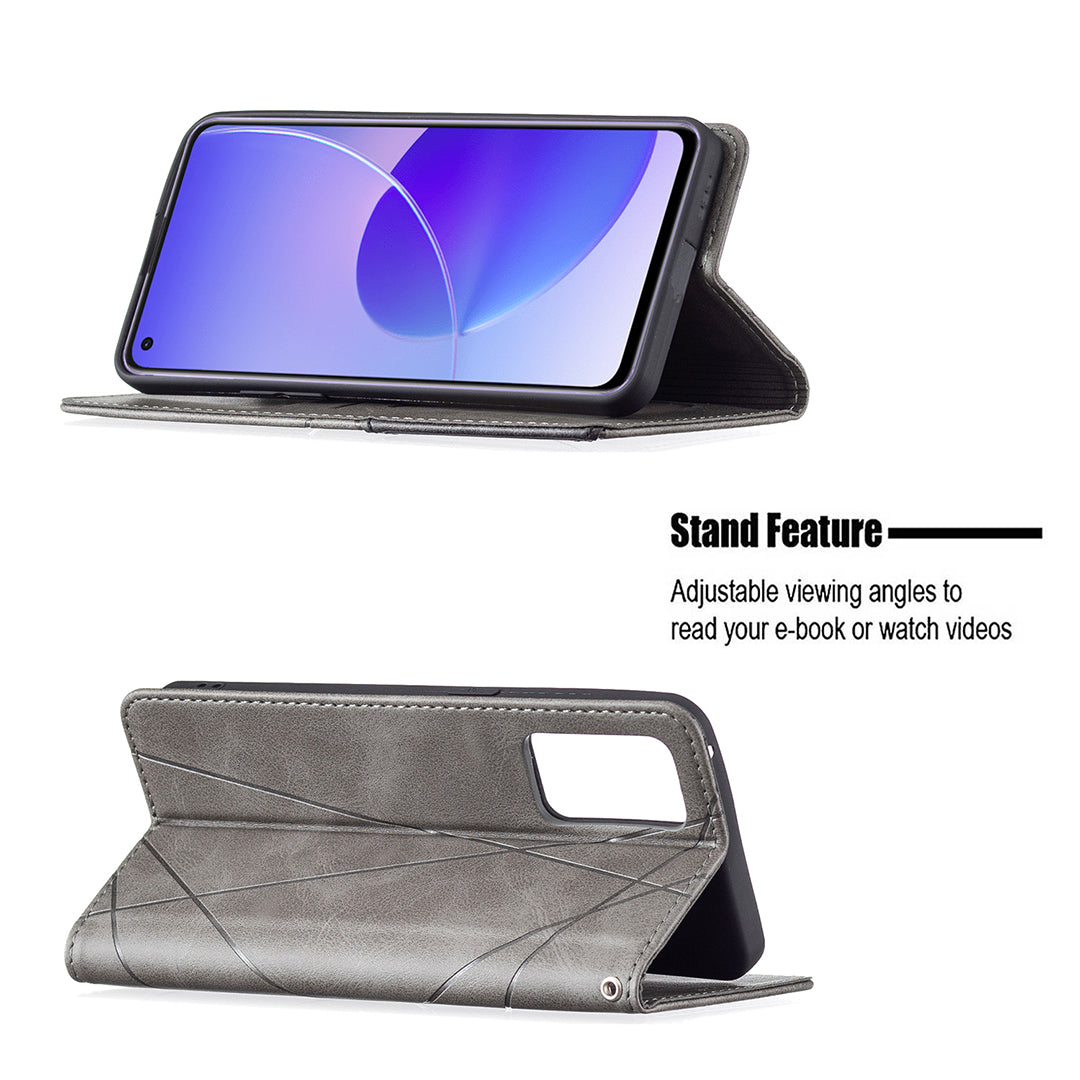 For Oppo Reno6 5G Rhombus-Like Imprinting Folio Flip Magnetic Leather Case Shell with Stand and Card Holder