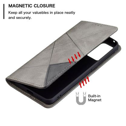 For Oppo Reno6 5G Rhombus-Like Imprinting Folio Flip Magnetic Leather Case Shell with Stand and Card Holder