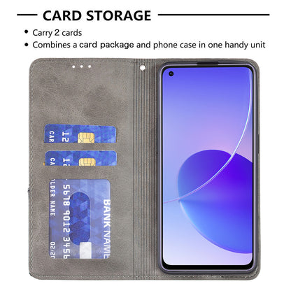 For Oppo Reno6 5G Rhombus-Like Imprinting Folio Flip Magnetic Leather Case Shell with Stand and Card Holder