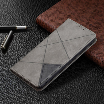 For Oppo Reno6 5G Rhombus-Like Imprinting Folio Flip Magnetic Leather Case Shell with Stand and Card Holder