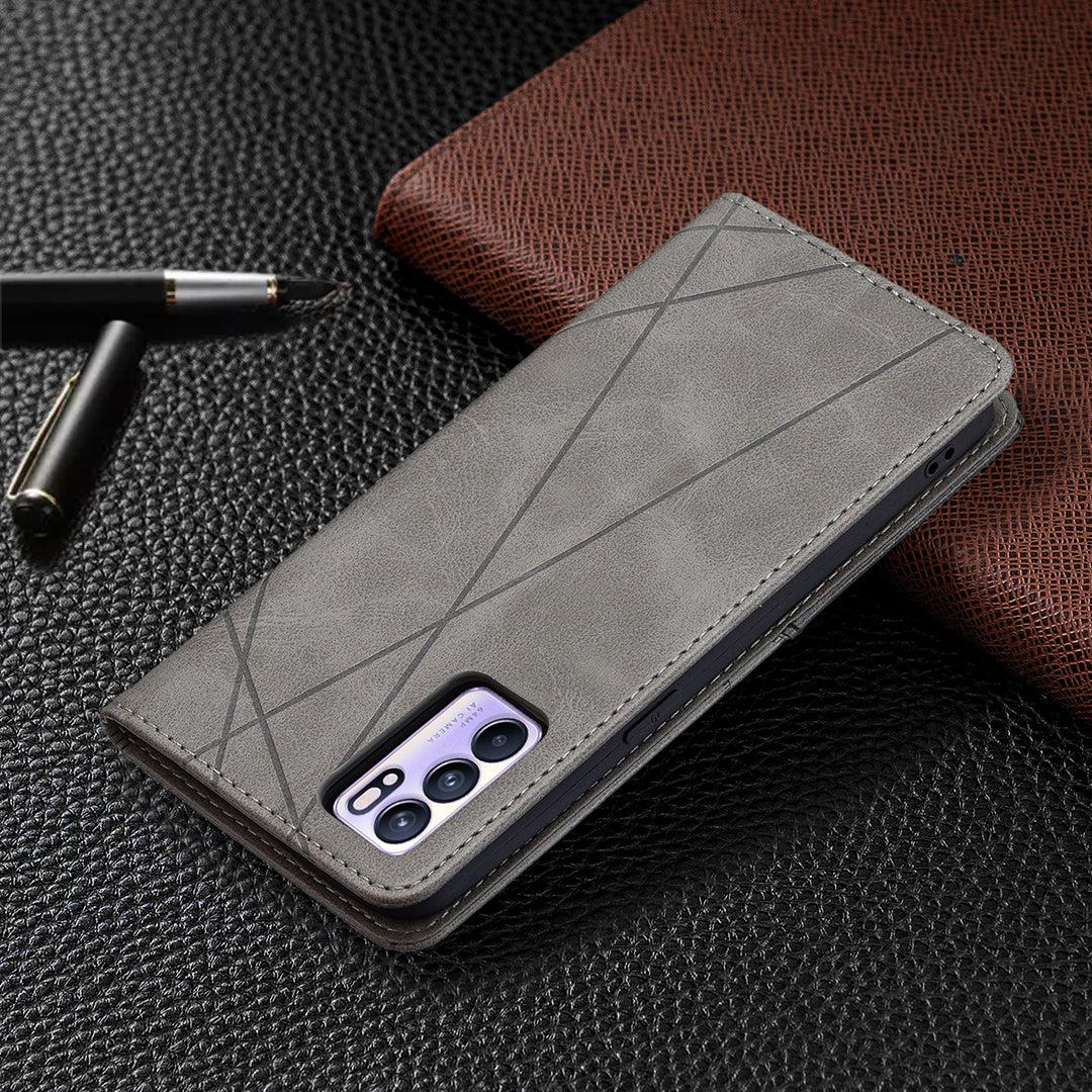 For Oppo Reno6 5G Rhombus-Like Imprinting Folio Flip Magnetic Leather Case Shell with Stand and Card Holder