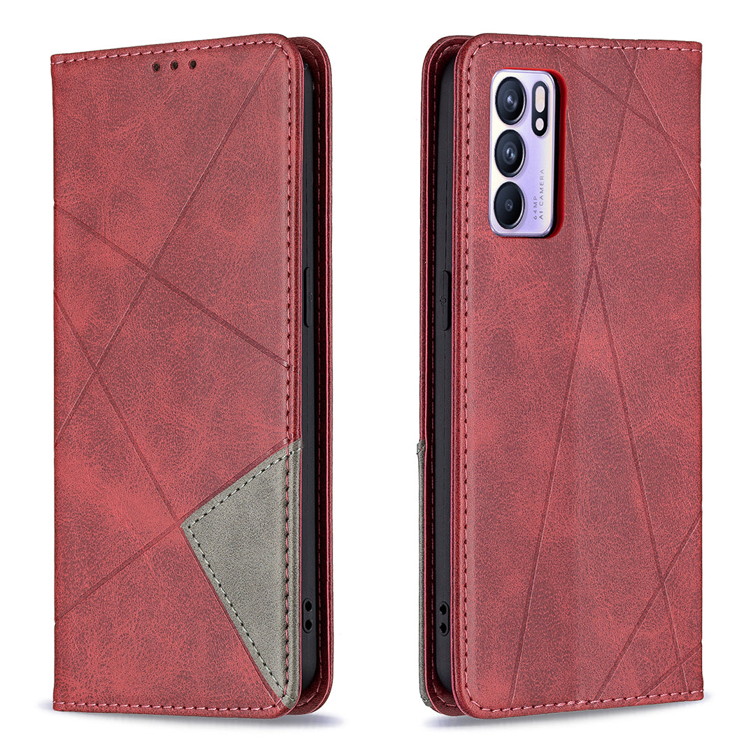 For Oppo Reno6 5G Rhombus-Like Imprinting Folio Flip Magnetic Leather Case Shell with Stand and Card Holder