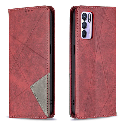 For Oppo Reno6 5G Rhombus-Like Imprinting Folio Flip Magnetic Leather Case Shell with Stand and Card Holder