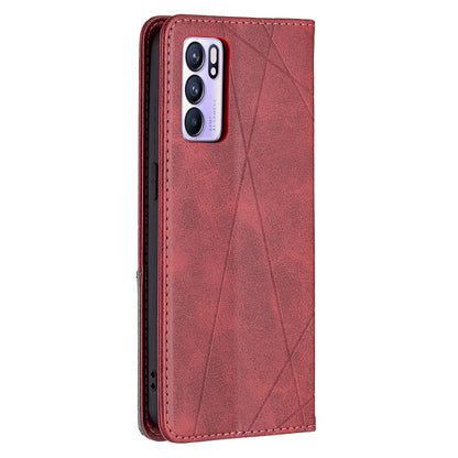 For Oppo Reno6 5G Rhombus-Like Imprinting Folio Flip Magnetic Leather Case Shell with Stand and Card Holder