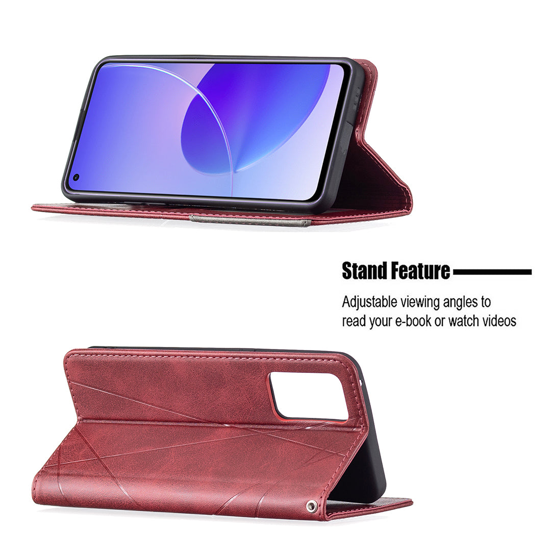 For Oppo Reno6 5G Rhombus-Like Imprinting Folio Flip Magnetic Leather Case Shell with Stand and Card Holder