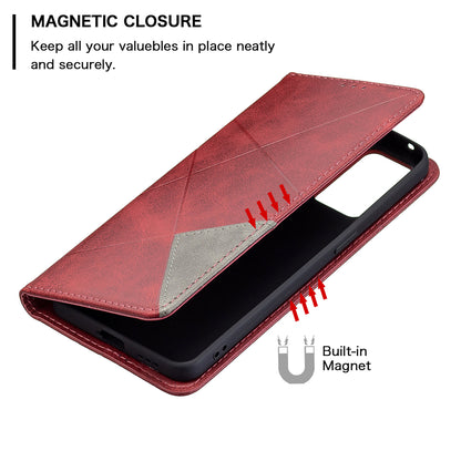 For Oppo Reno6 5G Rhombus-Like Imprinting Folio Flip Magnetic Leather Case Shell with Stand and Card Holder