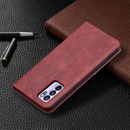 For Oppo Reno6 5G Rhombus-Like Imprinting Folio Flip Magnetic Leather Case Shell with Stand and Card Holder