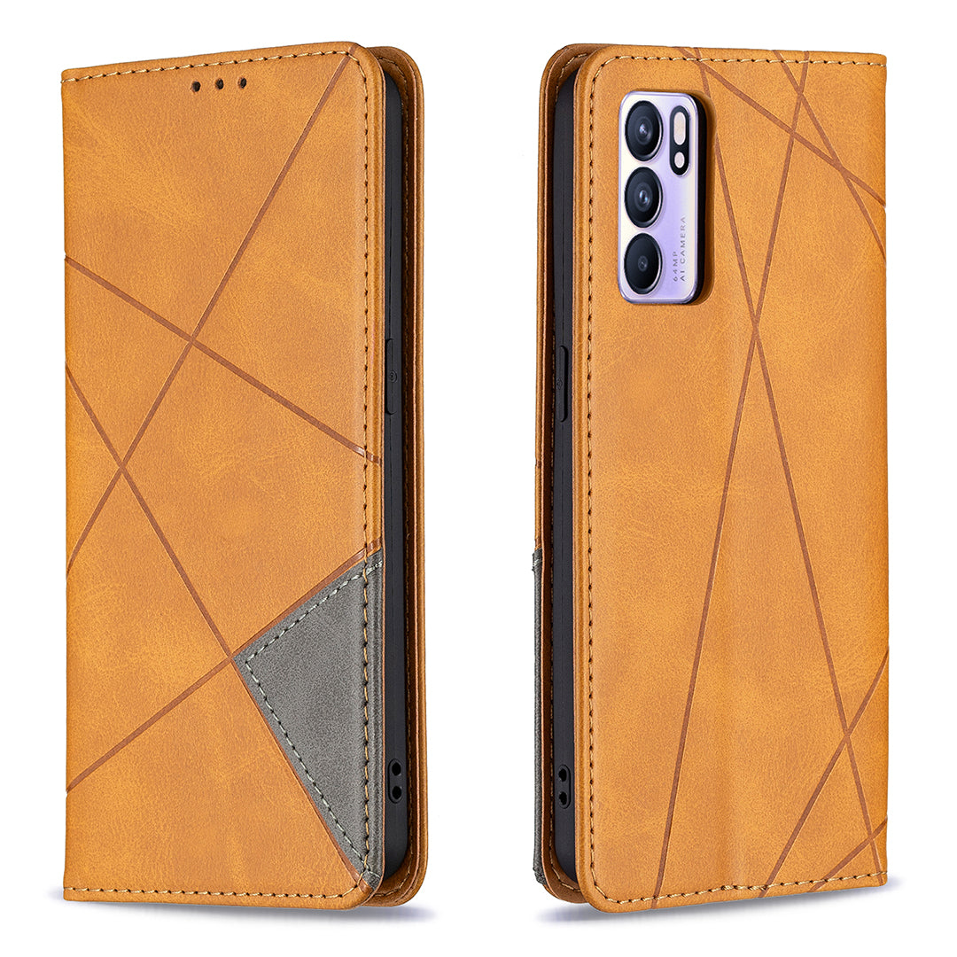 For Oppo Reno6 5G Rhombus-Like Imprinting Folio Flip Magnetic Leather Case Shell with Stand and Card Holder