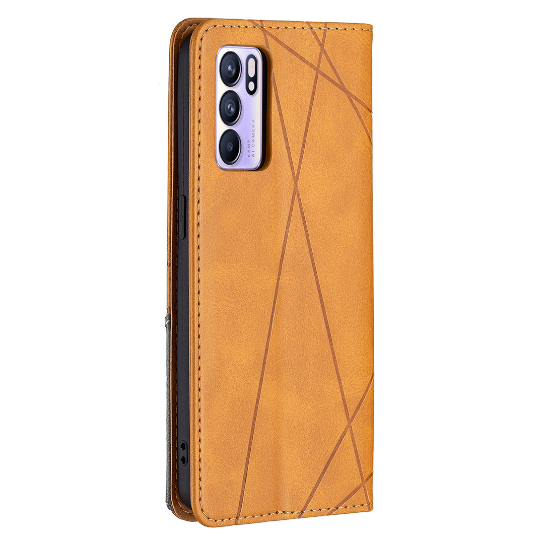 For Oppo Reno6 5G Rhombus-Like Imprinting Folio Flip Magnetic Leather Case Shell with Stand and Card Holder