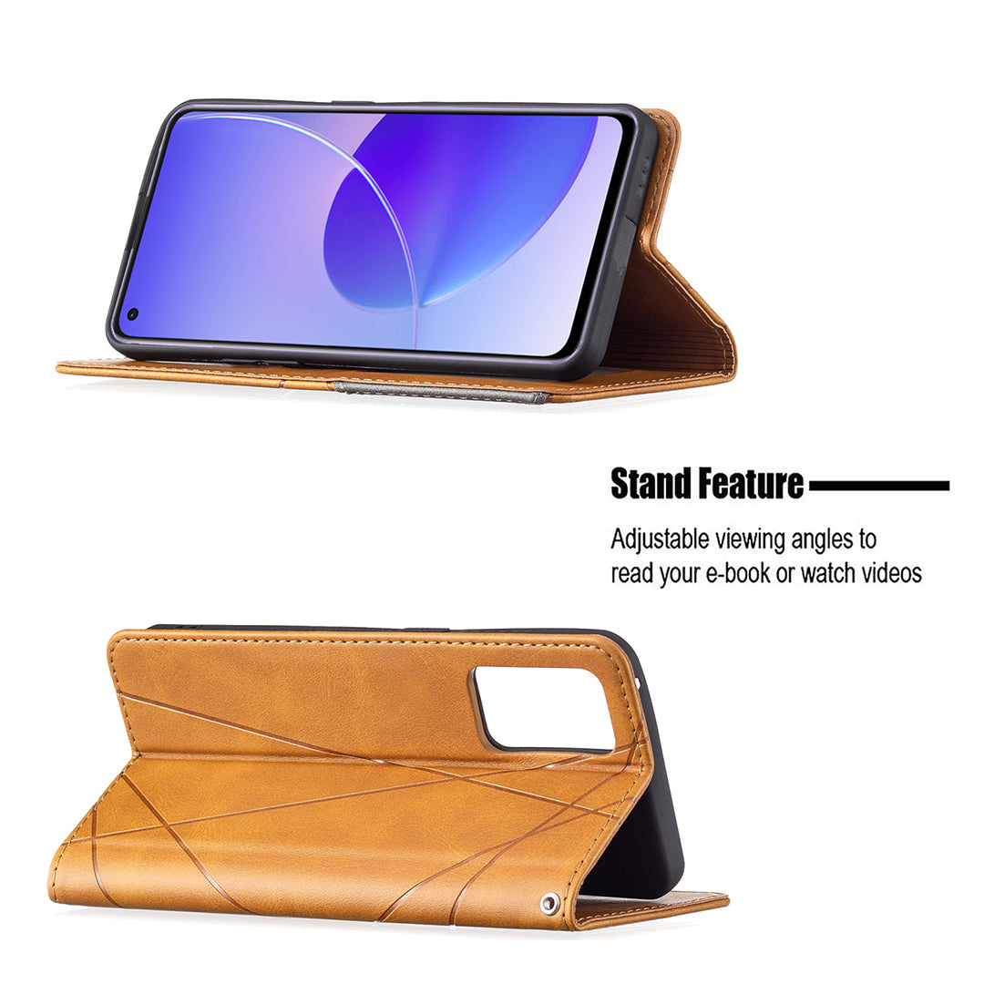 For Oppo Reno6 5G Rhombus-Like Imprinting Folio Flip Magnetic Leather Case Shell with Stand and Card Holder