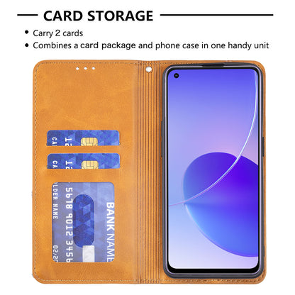 For Oppo Reno6 5G Rhombus-Like Imprinting Folio Flip Magnetic Leather Case Shell with Stand and Card Holder