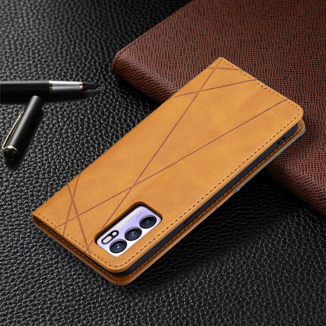 For Oppo Reno6 5G Rhombus-Like Imprinting Folio Flip Magnetic Leather Case Shell with Stand and Card Holder