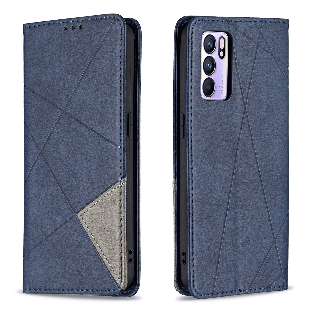 For Oppo Reno6 5G Rhombus-Like Imprinting Folio Flip Magnetic Leather Case Shell with Stand and Card Holder