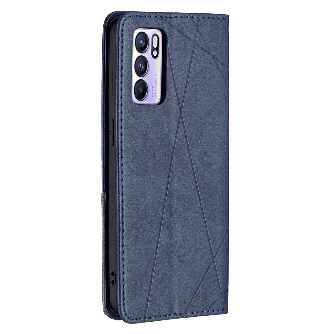 For Oppo Reno6 5G Rhombus-Like Imprinting Folio Flip Magnetic Leather Case Shell with Stand and Card Holder