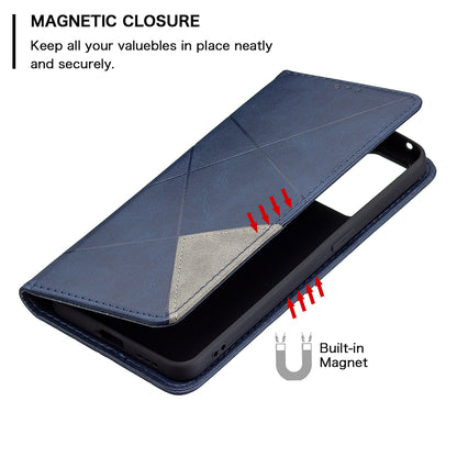 For Oppo Reno6 5G Rhombus-Like Imprinting Folio Flip Magnetic Leather Case Shell with Stand and Card Holder