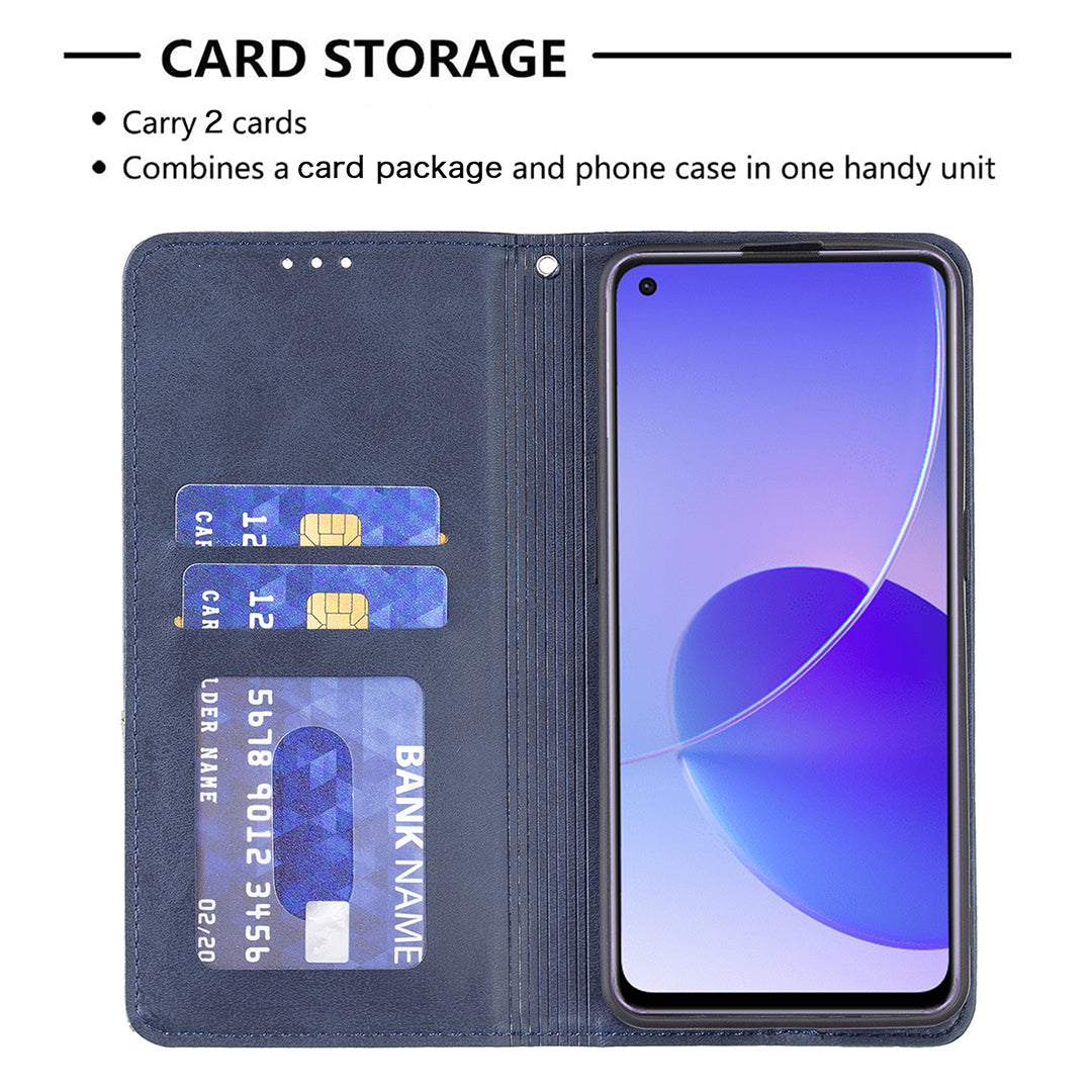 For Oppo Reno6 5G Rhombus-Like Imprinting Folio Flip Magnetic Leather Case Shell with Stand and Card Holder