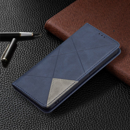 For Oppo Reno6 5G Rhombus-Like Imprinting Folio Flip Magnetic Leather Case Shell with Stand and Card Holder