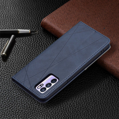 For Oppo Reno6 5G Rhombus-Like Imprinting Folio Flip Magnetic Leather Case Shell with Stand and Card Holder