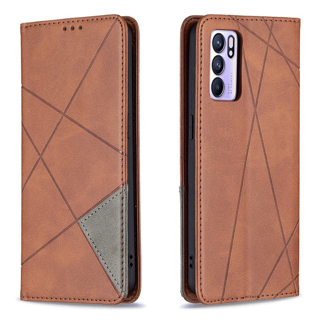 For Oppo Reno6 5G Rhombus-Like Imprinting Folio Flip Magnetic Leather Case Shell with Stand and Card Holder