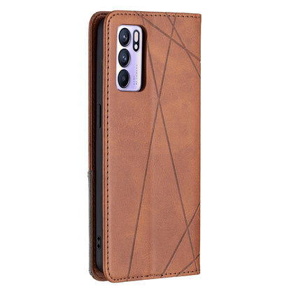 For Oppo Reno6 5G Rhombus-Like Imprinting Folio Flip Magnetic Leather Case Shell with Stand and Card Holder