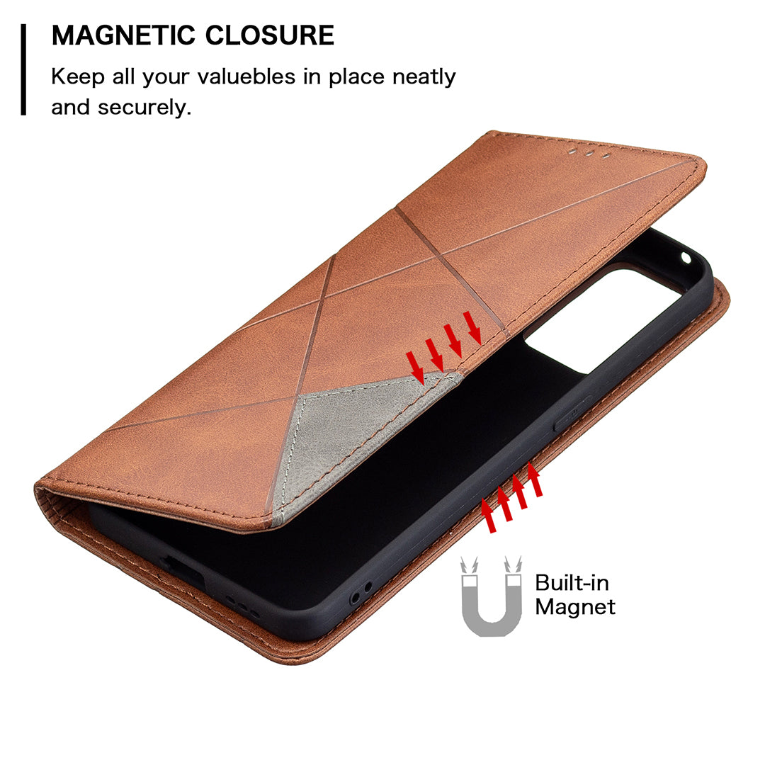 For Oppo Reno6 5G Rhombus-Like Imprinting Folio Flip Magnetic Leather Case Shell with Stand and Card Holder