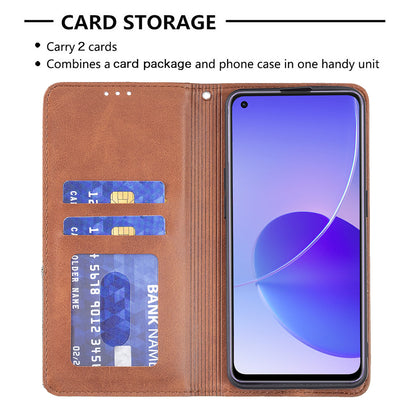 For Oppo Reno6 5G Rhombus-Like Imprinting Folio Flip Magnetic Leather Case Shell with Stand and Card Holder