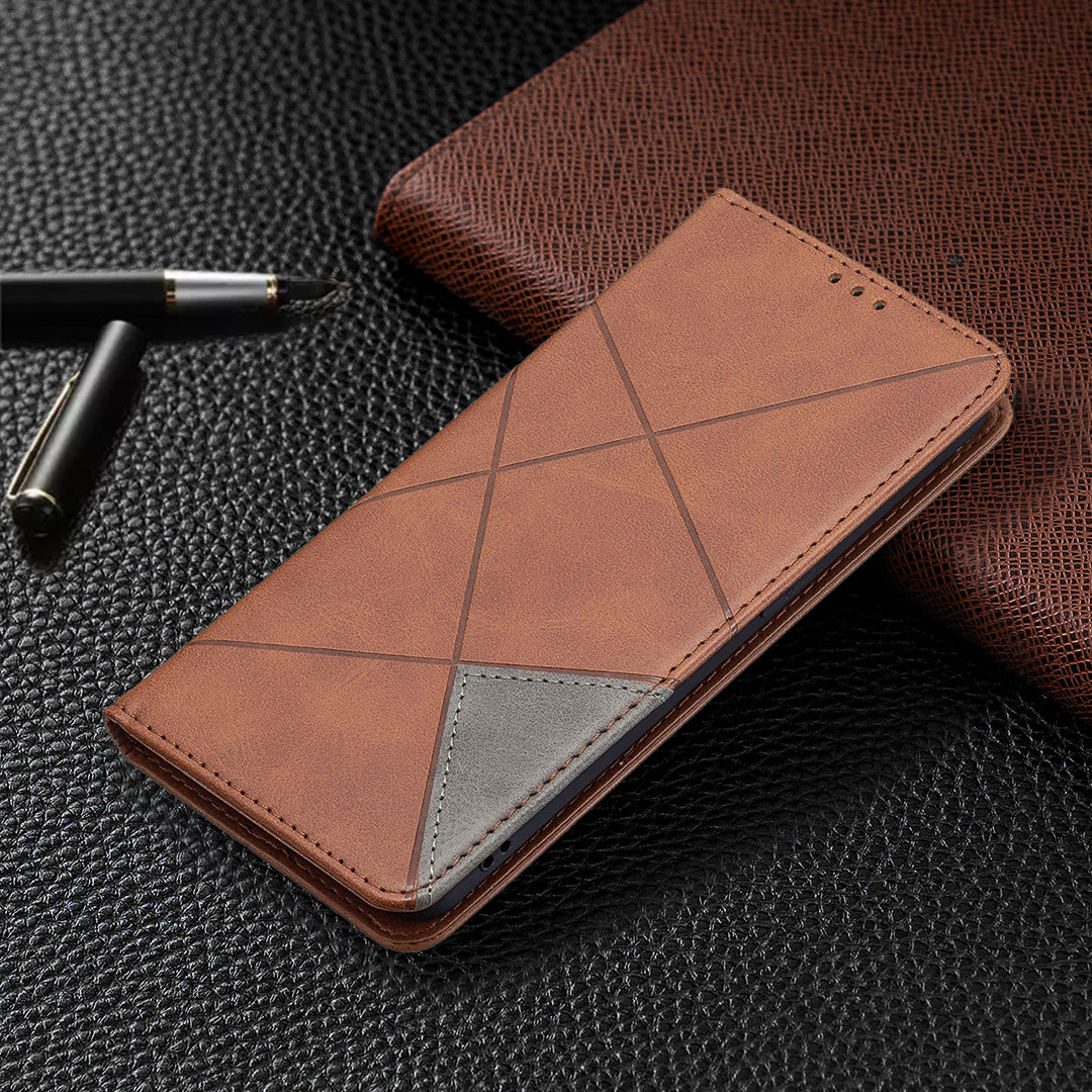 For Oppo Reno6 5G Rhombus-Like Imprinting Folio Flip Magnetic Leather Case Shell with Stand and Card Holder