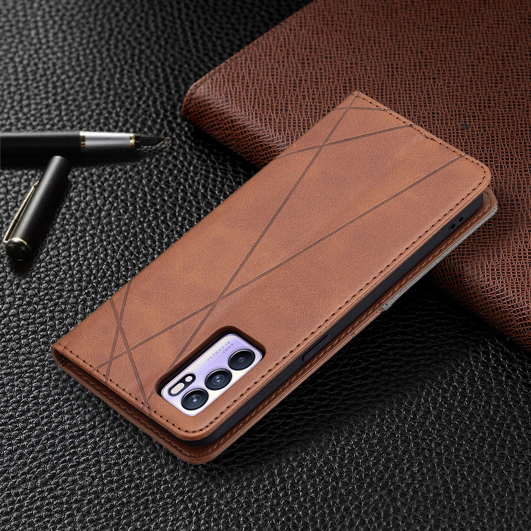 For Oppo Reno6 5G Rhombus-Like Imprinting Folio Flip Magnetic Leather Case Shell with Stand and Card Holder