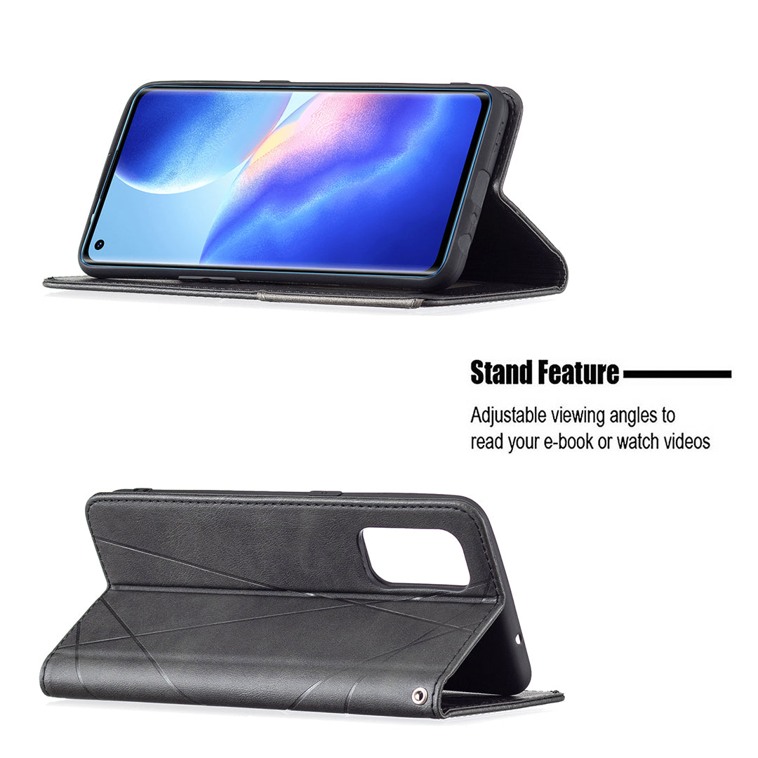 For Oppo Reno5 4G/Reno5 5G/Reno5 K/Find X3 Lite Anti-Drop Rhombus-Like Imprinting Magnetic Absorption Leather Stand Case Shell with Card Holder Design