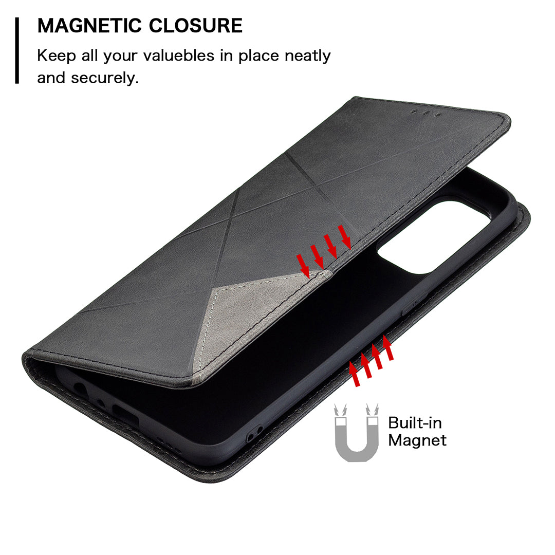 For Oppo Reno5 4G/Reno5 5G/Reno5 K/Find X3 Lite Anti-Drop Rhombus-Like Imprinting Magnetic Absorption Leather Stand Case Shell with Card Holder Design