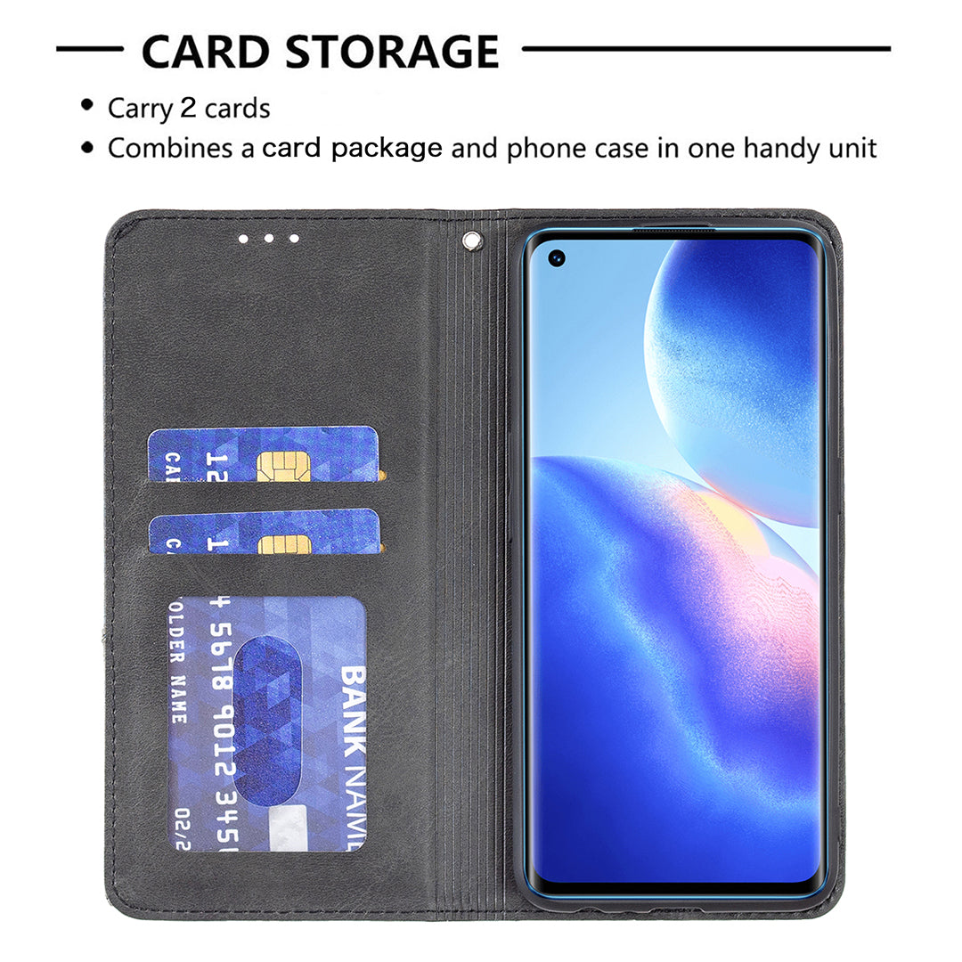 For Oppo Reno5 4G/Reno5 5G/Reno5 K/Find X3 Lite Anti-Drop Rhombus-Like Imprinting Magnetic Absorption Leather Stand Case Shell with Card Holder Design