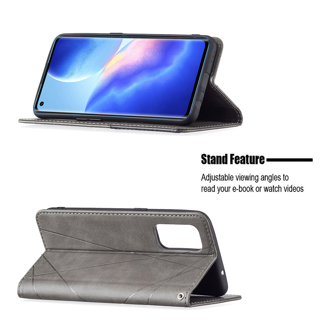 For Oppo Reno5 4G/Reno5 5G/Reno5 K/Find X3 Lite Anti-Drop Rhombus-Like Imprinting Magnetic Absorption Leather Stand Case Shell with Card Holder Design