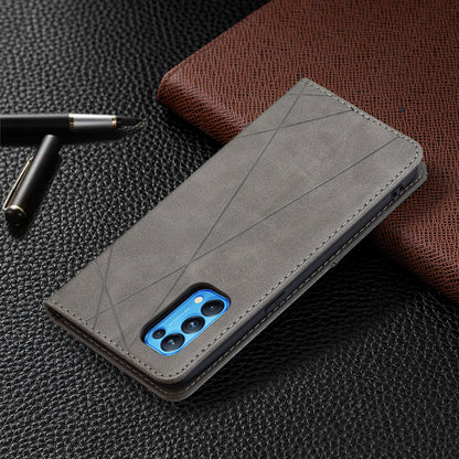 For Oppo Reno5 4G/Reno5 5G/Reno5 K/Find X3 Lite Anti-Drop Rhombus-Like Imprinting Magnetic Absorption Leather Stand Case Shell with Card Holder Design