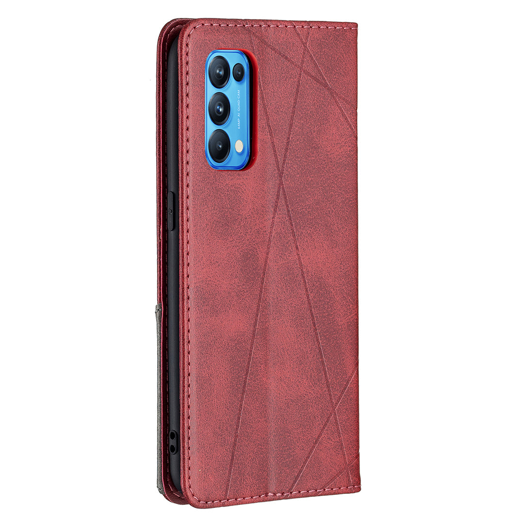 For Oppo Reno5 4G/Reno5 5G/Reno5 K/Find X3 Lite Anti-Drop Rhombus-Like Imprinting Magnetic Absorption Leather Stand Case Shell with Card Holder Design