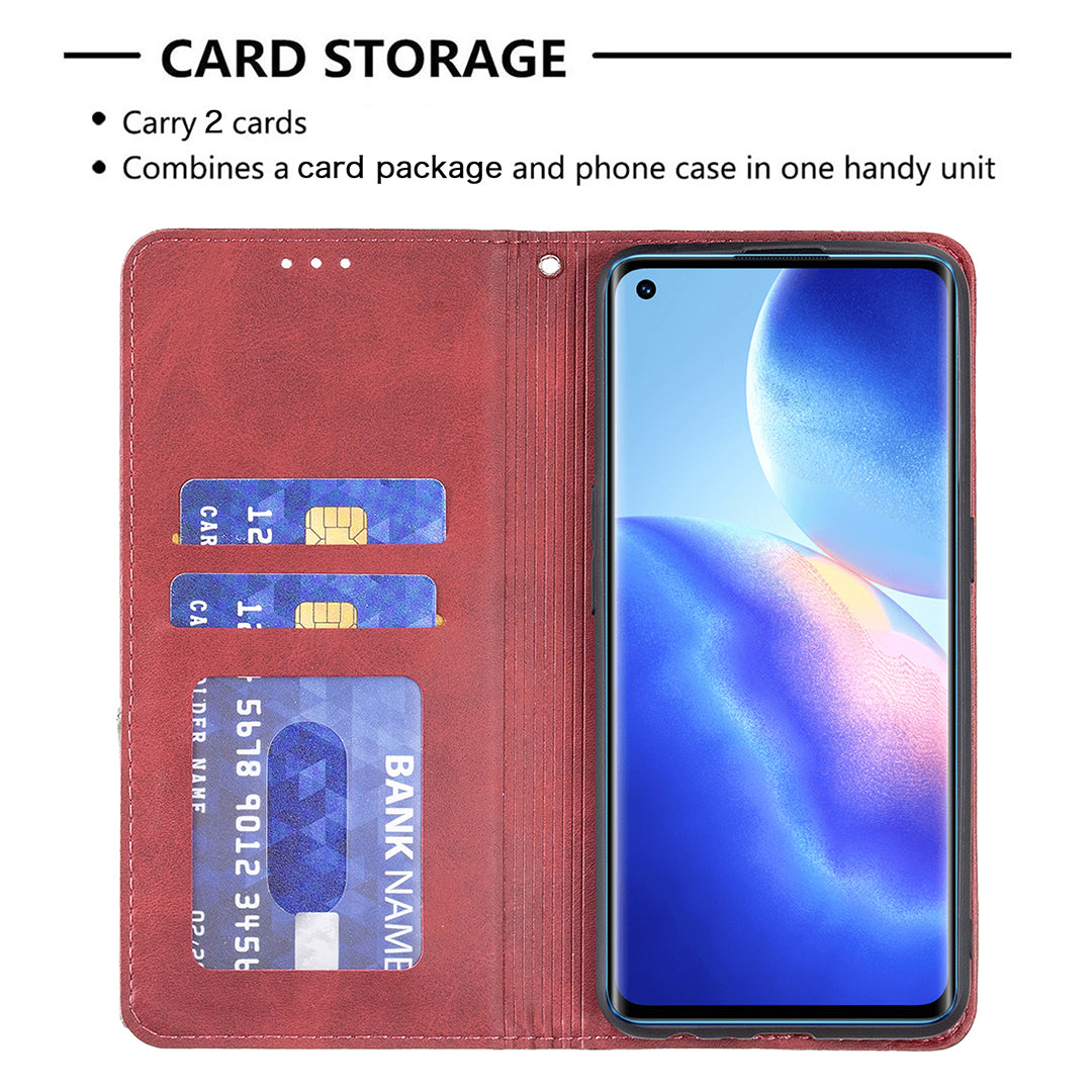 For Oppo Reno5 4G/Reno5 5G/Reno5 K/Find X3 Lite Anti-Drop Rhombus-Like Imprinting Magnetic Absorption Leather Stand Case Shell with Card Holder Design