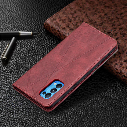 For Oppo Reno5 4G/Reno5 5G/Reno5 K/Find X3 Lite Anti-Drop Rhombus-Like Imprinting Magnetic Absorption Leather Stand Case Shell with Card Holder Design