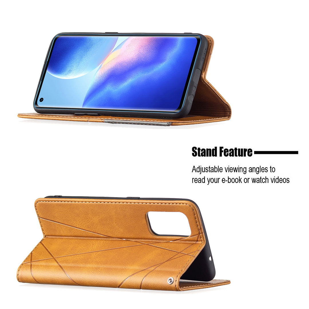 For Oppo Reno5 4G/Reno5 5G/Reno5 K/Find X3 Lite Anti-Drop Rhombus-Like Imprinting Magnetic Absorption Leather Stand Case Shell with Card Holder Design