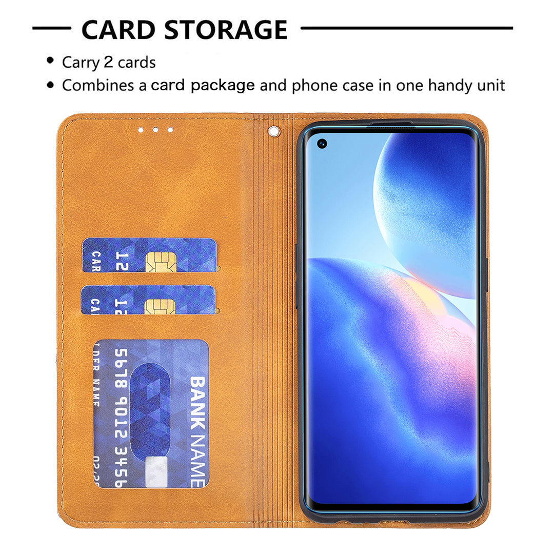 For Oppo Reno5 4G/Reno5 5G/Reno5 K/Find X3 Lite Anti-Drop Rhombus-Like Imprinting Magnetic Absorption Leather Stand Case Shell with Card Holder Design