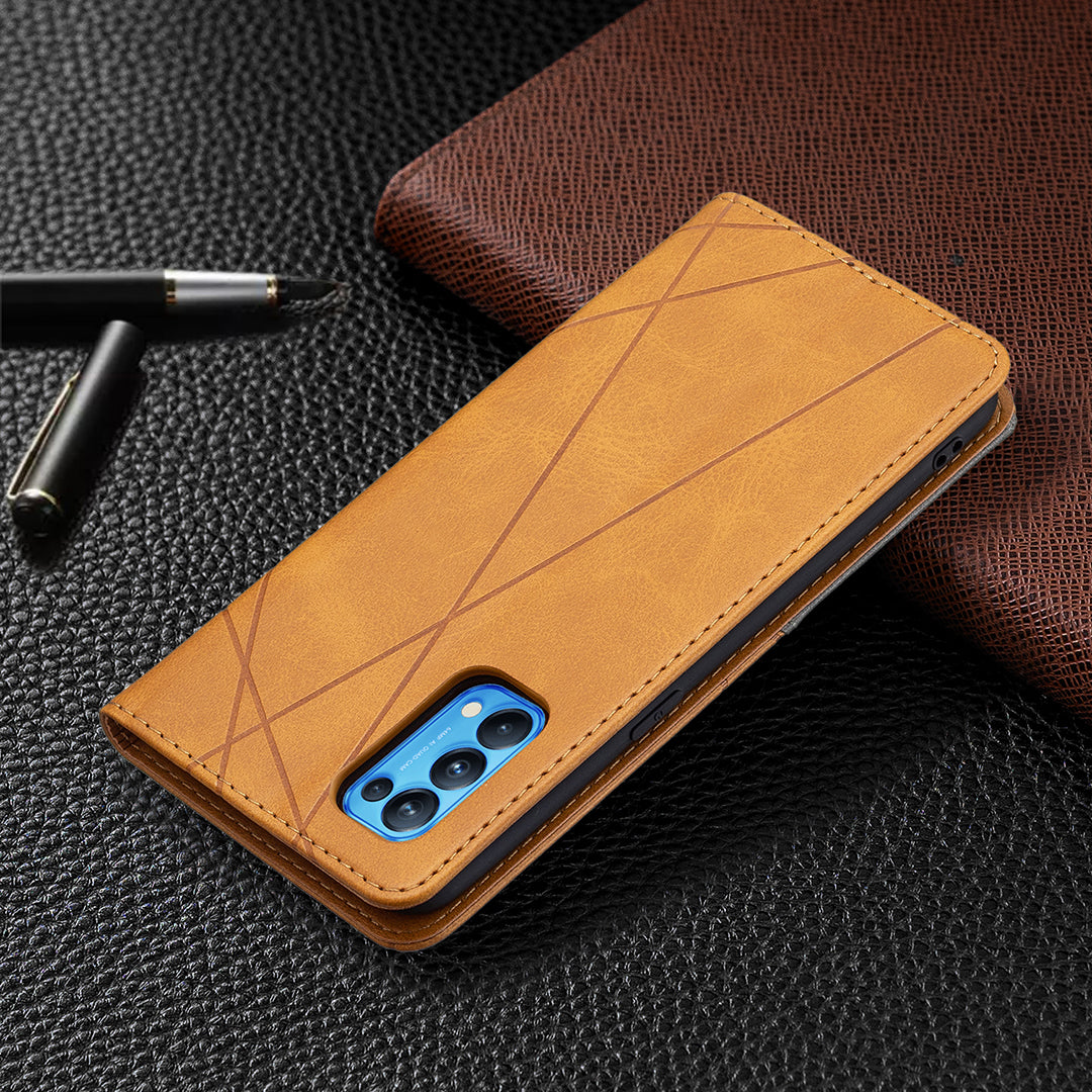 For Oppo Reno5 4G/Reno5 5G/Reno5 K/Find X3 Lite Anti-Drop Rhombus-Like Imprinting Magnetic Absorption Leather Stand Case Shell with Card Holder Design