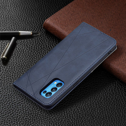 For Oppo Reno5 4G/Reno5 5G/Reno5 K/Find X3 Lite Anti-Drop Rhombus-Like Imprinting Magnetic Absorption Leather Stand Case Shell with Card Holder Design