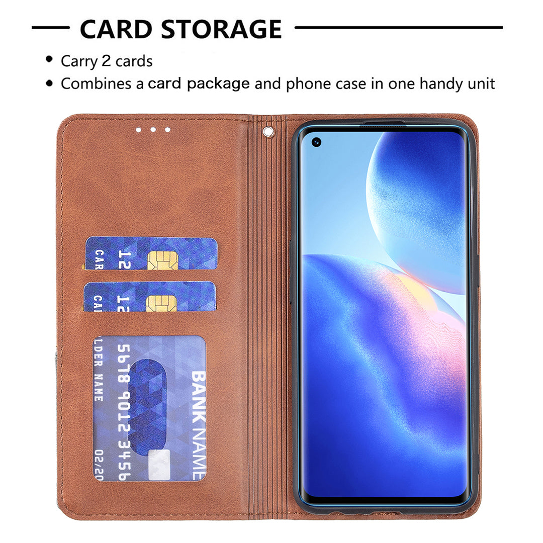 For Oppo Reno5 4G/Reno5 5G/Reno5 K/Find X3 Lite Anti-Drop Rhombus-Like Imprinting Magnetic Absorption Leather Stand Case Shell with Card Holder Design